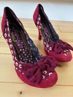 Irregular Choice Beach Trip Burgundy Polka Dot Bow Heels, Never Worn, Size 38